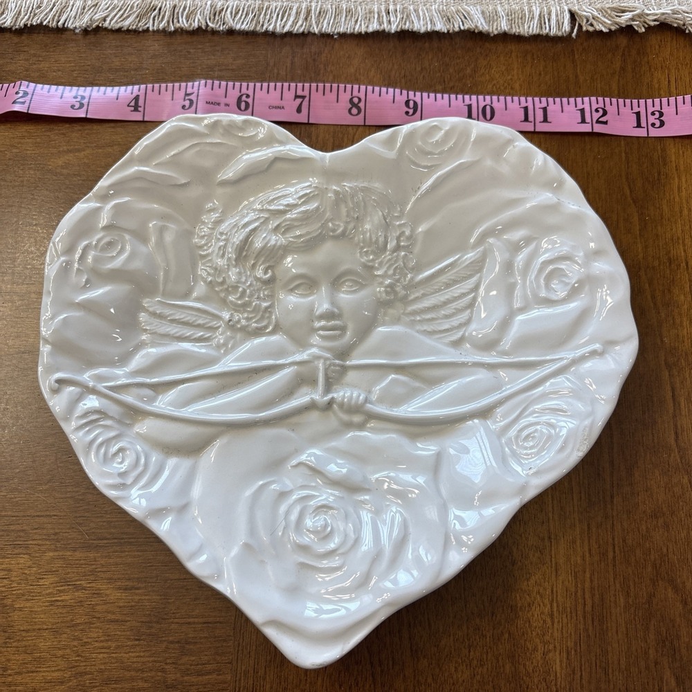 Heart Shaped Plate Cupid Cherub w/ Bow Ivory Ceramic Valentine Made In Italy 9"